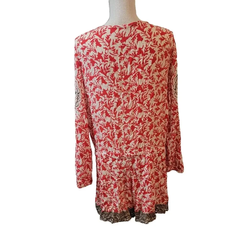 Free People Gardenia Floral Resort Romper Red Tie Waist Long Sleeve Size Medium